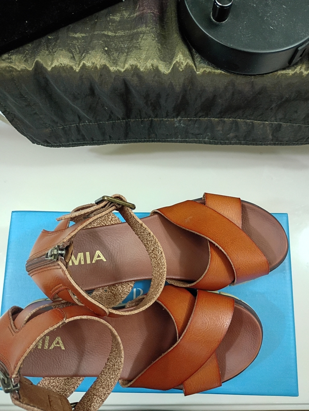 MIA Women's Cognac Crisscross Ankle Strap Sandals - Picture 2 of 8